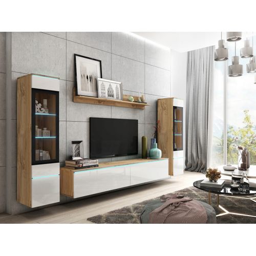 Ensemble Salon 4 Éléments: TV 180 + 2 Vitrines + Étagère, Chêne Wotan / Blanc Brillant