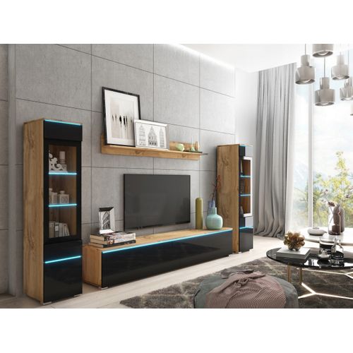 Ensemble Salon 4 Éléments: TV 180 + 2 Vitrines + Étagère, Chêne Wotan / Noir Brillant