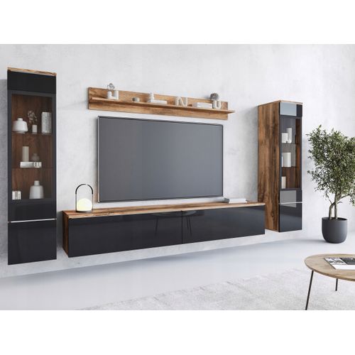 Ensemble Salon 4 Éléments: TV 180 + 2 Vitrines + Étagère, Chêne Wotan / Noir Brillant