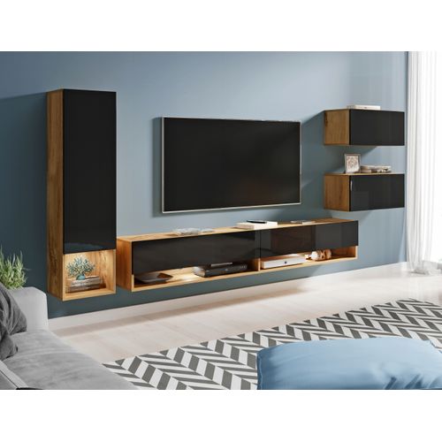 Mur TV Suspendu 180 Cm Colonne + Rangements Chêne Wotan / Noir Brillant
