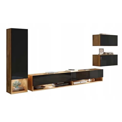 Mur TV Suspendu 180 Cm Colonne + Rangements Chêne Wotan / Noir Brillant