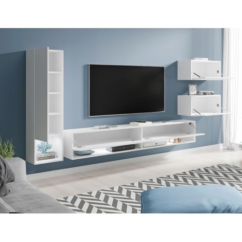 Meuble Mural TV Suspendu 180 Cm Colonne + Rangements Blanc / Blanc Brillant