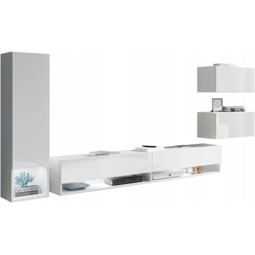 Meuble Mural TV Suspendu 180 Cm Colonne + Rangements Blanc / Blanc Brillant