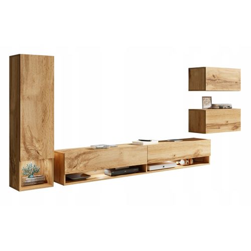 Mur TV Suspendu 180 Cm Colonne + Rangements Chêne Wotan Mat