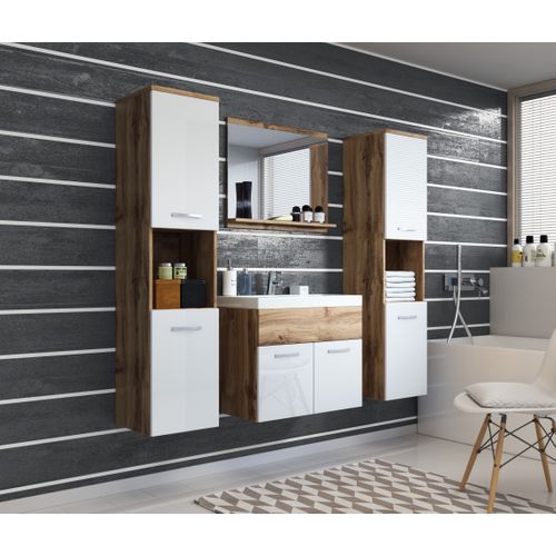 Salle De Bain Suspendue Lavabo Miroir + 2 Colonnes Wotan / Blanc Brillant