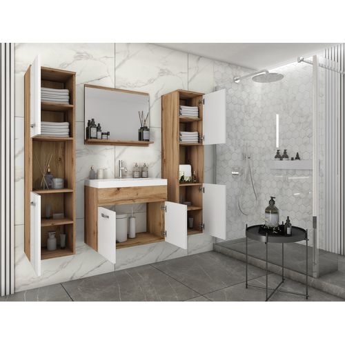 Salle De Bain Suspendue Lavabo Miroir + 2 Colonnes Wotan / Blanc Brillant