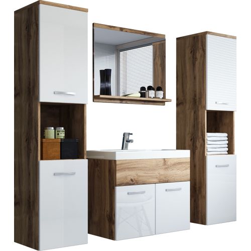 Salle De Bain Suspendue Lavabo Miroir + 2 Colonnes Wotan / Blanc Brillant