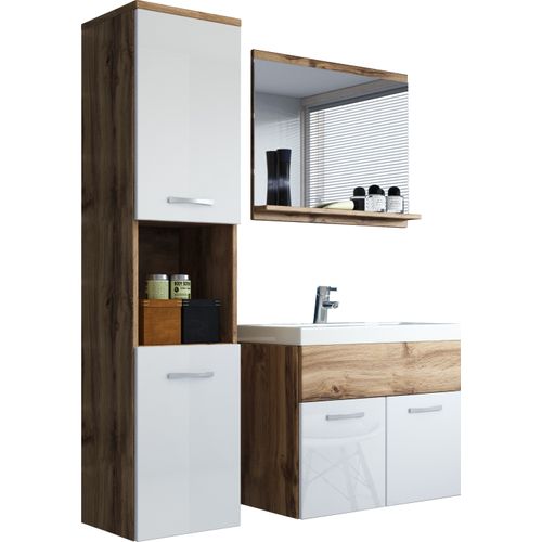 Salle De Bain Suspendue Lavabo Miroir + Colonne Wotan / Blanc Brillant