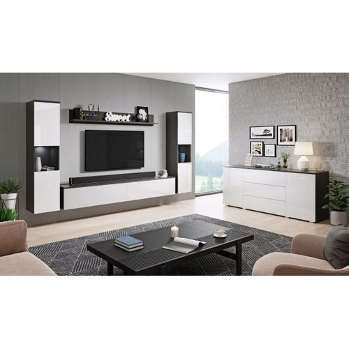 Mur TV 4 Pièces: 2 Colonnes + TV 180 Cm, Matera / Blanc Brillant