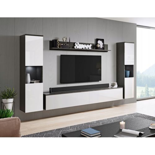 Mur TV 4 Pièces: 2 Colonnes + TV 180 Cm, Matera / Blanc Brillant