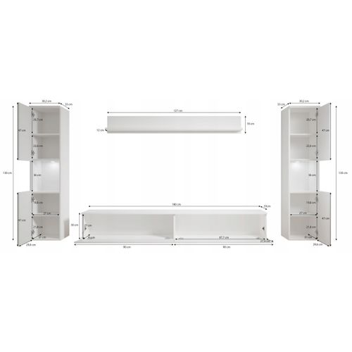 Mur TV 4 Pièces: 2 Colonnes + TV 180 Cm, Matera / Blanc Brillant