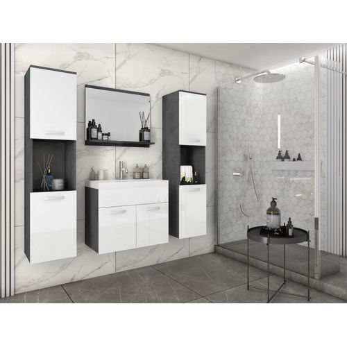 Salle De Bain Suspendue Lavabo Miroir + 2 Colonnes Matera / Blanc Brillant