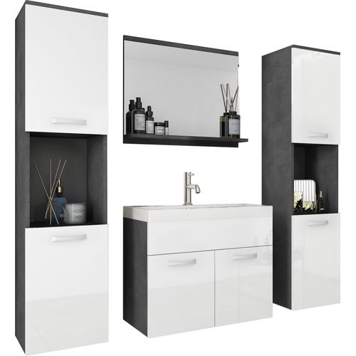 Salle De Bain Suspendue Lavabo Miroir + 2 Colonnes Matera / Blanc Brillant