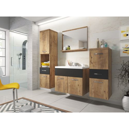 Meubles Salle De Bain Suspendus Lavabo Miroir Colonnes Châtaignier / Noir Mat