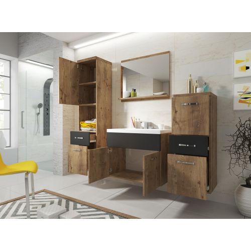 Meubles Salle De Bain Suspendus Lavabo Miroir Colonnes Châtaignier / Noir Mat