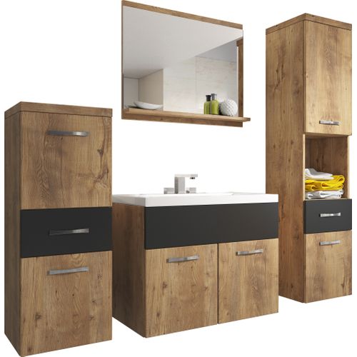 Meubles Salle De Bain Suspendus Lavabo Miroir Colonnes Châtaignier / Noir Mat