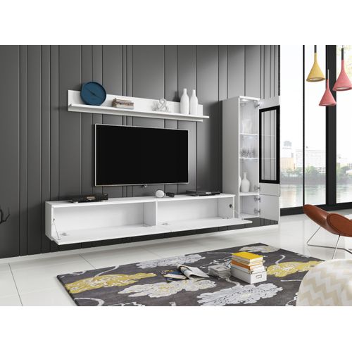 Ensemble Salon 3 Éléments: TV 180 + Vitrine + Étagère, Blanc Mat / Blanc Brillant