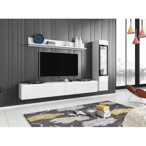 Ensemble Salon 3 Éléments: TV 180 + Vitrine + Étagère, Blanc Mat / Blanc Brillant