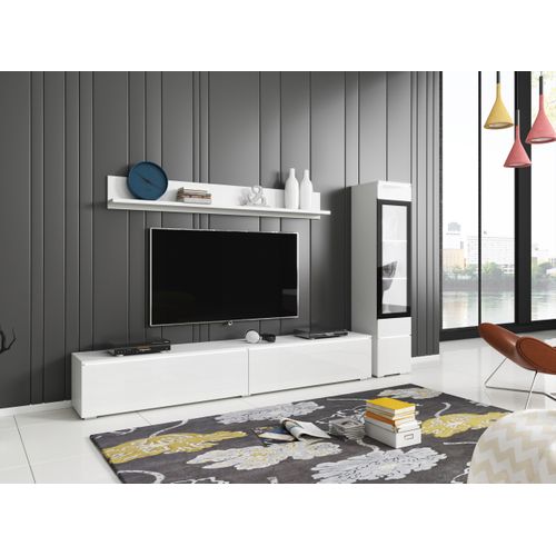 Ensemble Salon 3 Éléments: TV 180 + Vitrine + Étagère, Blanc Mat / Blanc Brillant