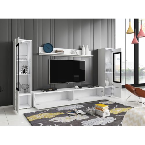 Ensemble Salon 4 Éléments: TV 180 + 2 Vitrines + Étagère, Blanc Mat / Blanc Brillant