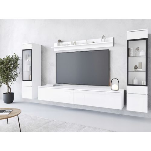 Ensemble Salon 4 Éléments: TV 180 + 2 Vitrines + Étagère, Blanc Mat / Blanc Brillant