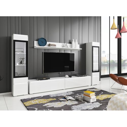 Ensemble Salon 4 Éléments: TV 180 + 2 Vitrines + Étagère, Blanc Mat / Blanc Brillant