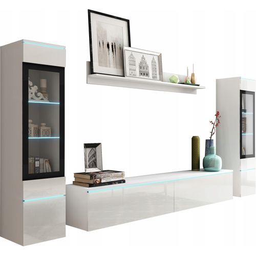 Ensemble Salon 4 Éléments: TV 180 + 2 Vitrines + Étagère, Blanc Mat / Blanc Brillant