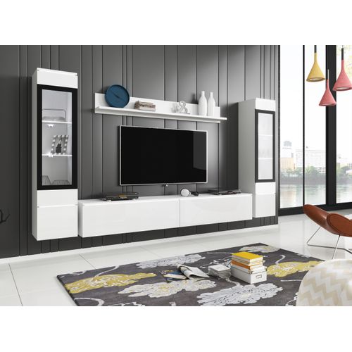 Ensemble Salon 4 Éléments: TV 180 + 2 Vitrines + Étagère, Blanc Mat / Blanc Brillant