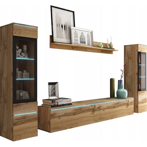 Ensemble Salon 4 Éléments: TV 180 + 2 Vitrines + Étagère, Chêne Wotan Mat