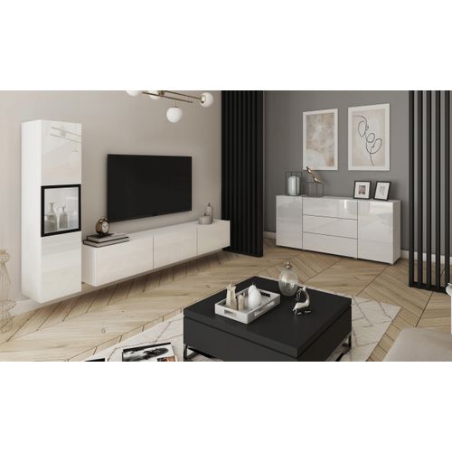 Mur TV 180 Cm Vitrine Blanc Mat / Blanc Brillant