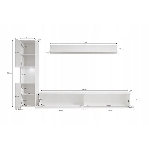 Meuble Mural 3 Pièces: Colonne + TV 180 Cm, Blanc Mat / Blanc Brillant