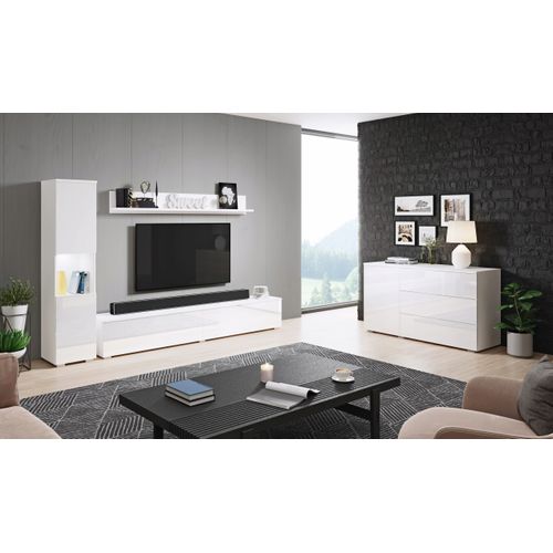 Meuble Mural 3 Pièces: Colonne + TV 180 Cm, Blanc Mat / Blanc Brillant