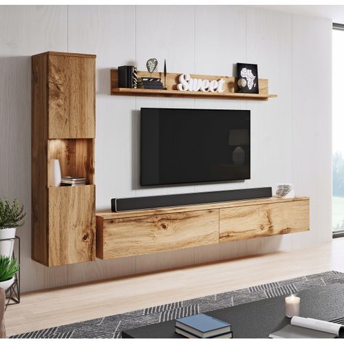 Meuble Mural 3 Pièces: Colonne + TV 180 Cm, Chêne Wotan Mat