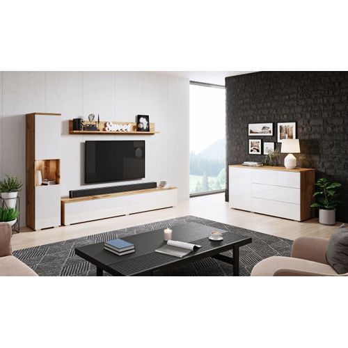 Meuble Mural 3 Pièces: Colonne + TV 180 Cm, Chêne Wotan / Blanc Brillant