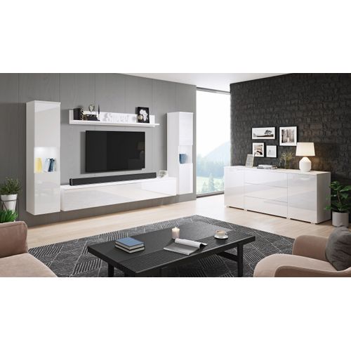 Mur TV 4 Pièces: 2 Colonnes + TV 180 Cm, Blanc Mat / Blanc Brillant