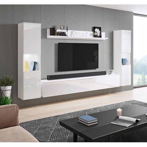 Mur TV 4 Pièces: 2 Colonnes + TV 180 Cm, Blanc Mat / Blanc Brillant