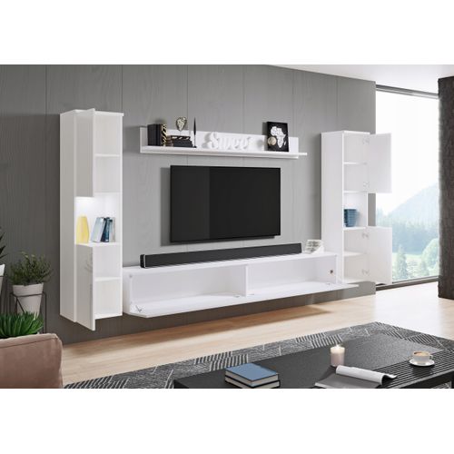 Mur TV 4 Pièces: 2 Colonnes + TV 180 Cm, Blanc Mat / Blanc Brillant