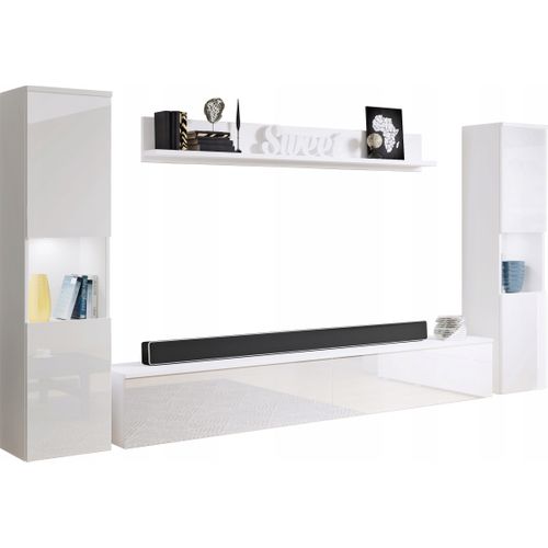 Mur TV 4 Pièces: 2 Colonnes + TV 180 Cm, Blanc Mat / Blanc Brillant