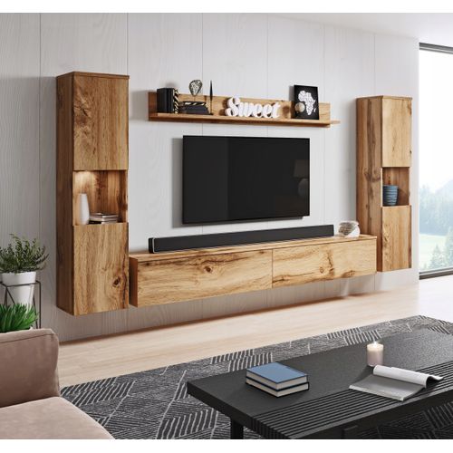 Mur TV 4 Pièces: 2 Colonnes + TV 180 Cm, Chêne Wotan Mat
