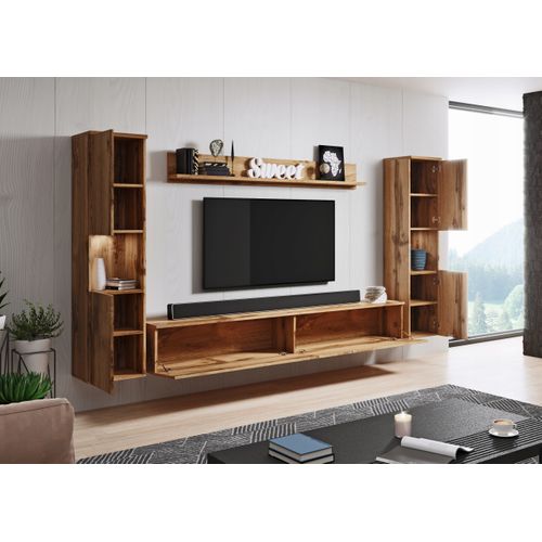Mur TV 4 Pièces: 2 Colonnes + TV 180 Cm, Chêne Wotan Mat