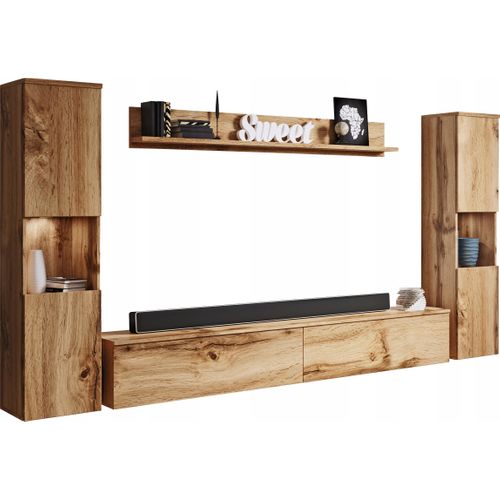 Mur TV 4 Pièces: 2 Colonnes + TV 180 Cm, Chêne Wotan Mat