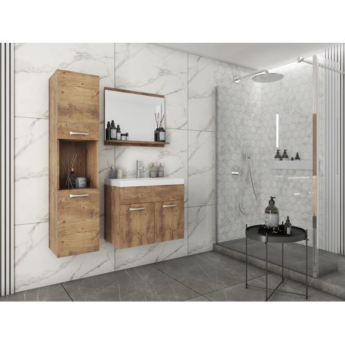 Salle De Bain Suspendue Lavabo Miroir + Colonnes Châtaignier Mat