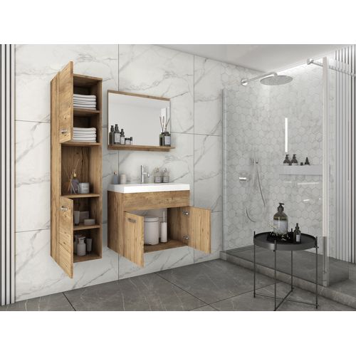 Salle De Bain Suspendue Lavabo Miroir + Colonnes Châtaignier Mat