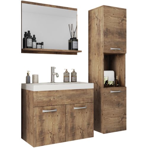 Salle De Bain Suspendue Lavabo Miroir + Colonnes Châtaignier Mat