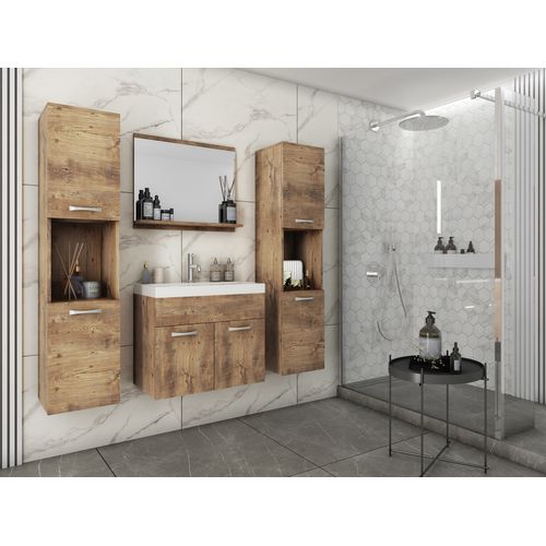 Salle De Bain Suspendue Lavabo Miroir + 2 Colonnes Châtaignier Mat