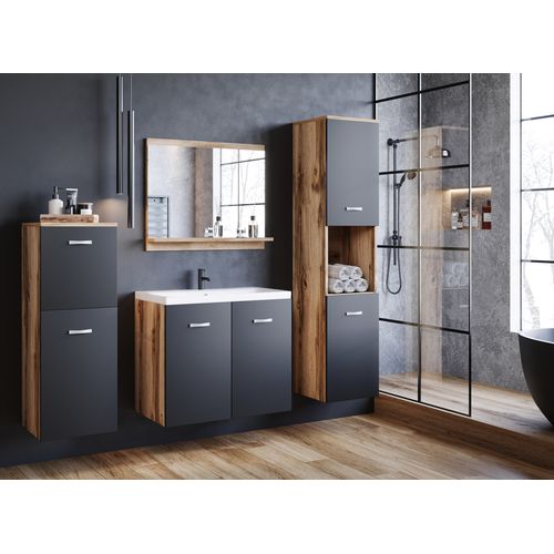Salle De Bain Suspendue Lavabo Miroir + 2 Colonnes Chêne Wotan / Noir Mat