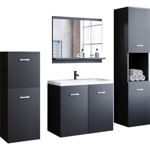 Salle De Bain Suspendue Lavabo Miroir + 2 Colonnes Graphite Noir Mat