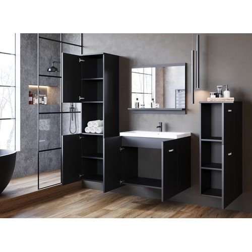 Salle De Bain Suspendue Lavabo Miroir + 2 Colonnes Graphite Noir Mat