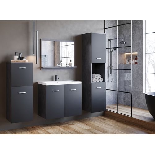 Salle De Bain Suspendue Lavabo Miroir + 2 Colonnes Graphite Noir Mat