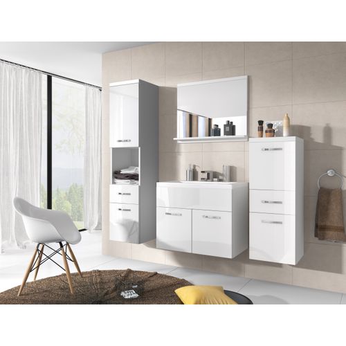 Meubles Salle De Bain Suspendus Lavabo Miroir Colonnes Blanc Mat / Blanc Brillant